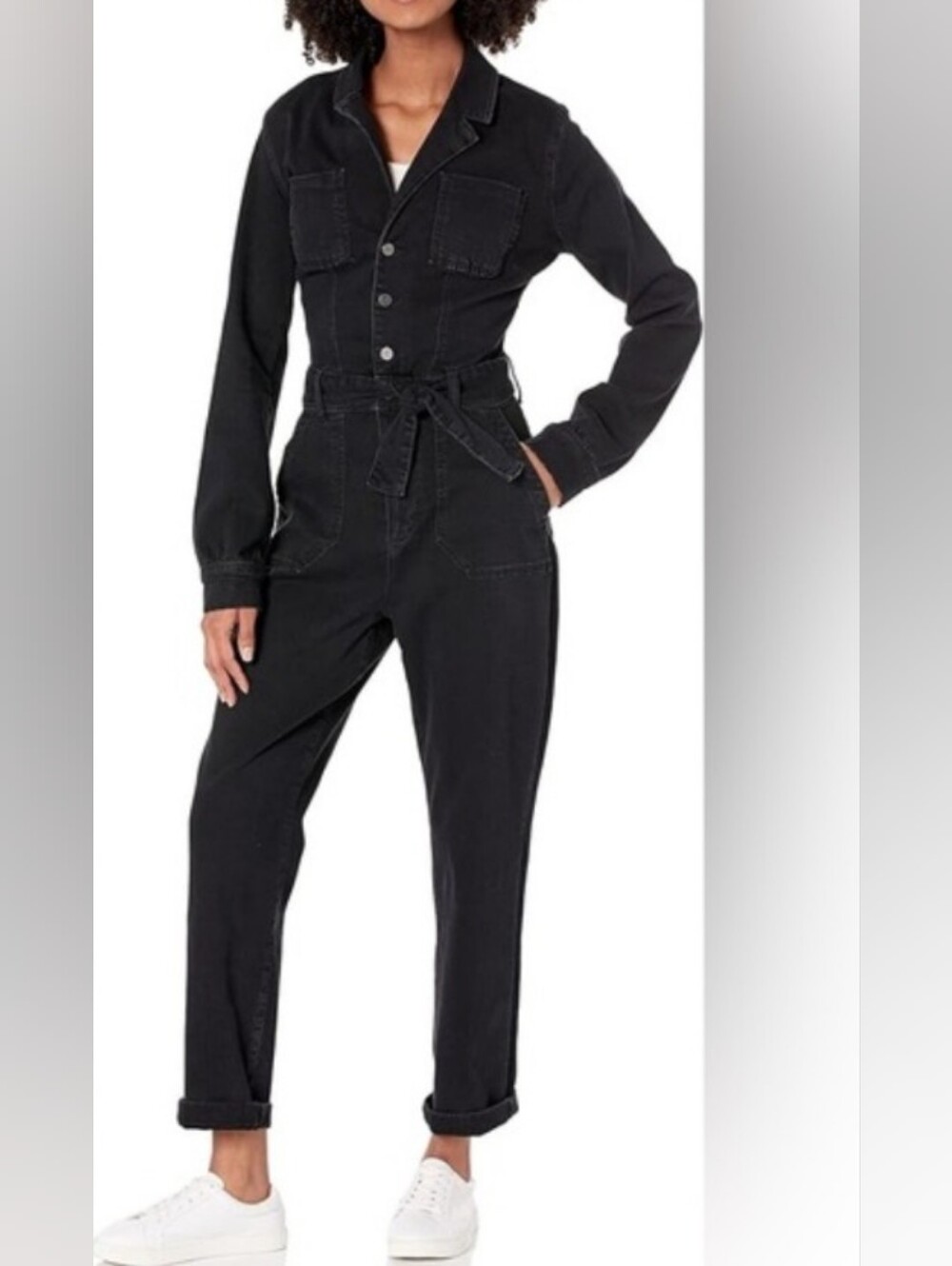 NWOT PAIGE Mayslie Straight Denim Jumpsuit S 27 Black Long Sleeve Belted